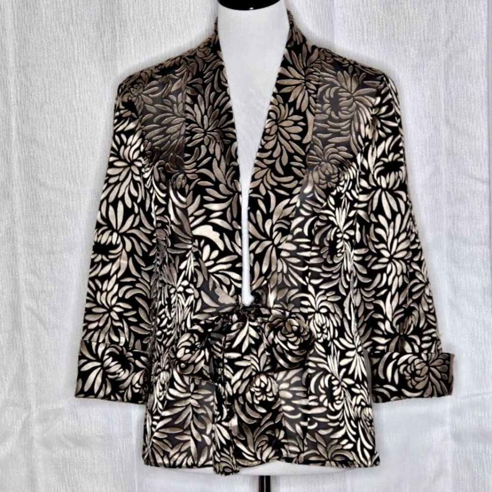 Alex Evenings Sheer Black Gold Metallic Floral Tie Front Evening Topper Jacket